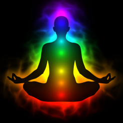A person sitting in the lotus position with aura