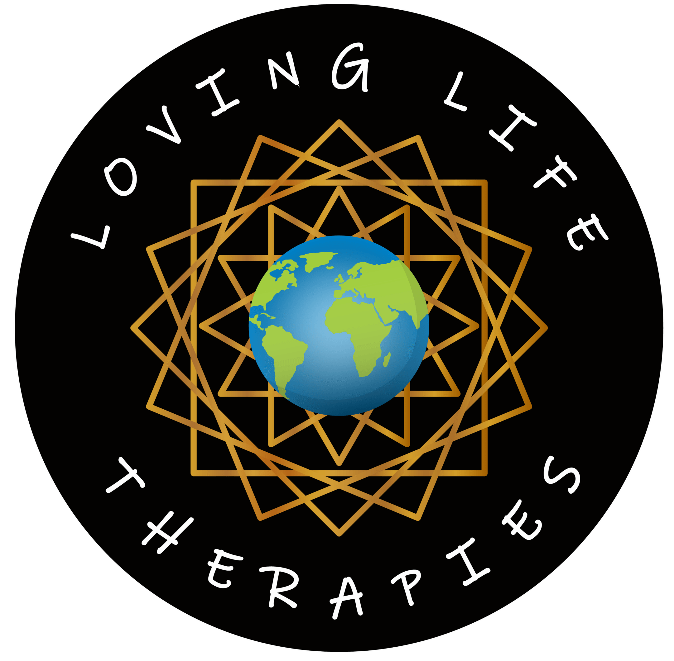 A black and white logo of a globe with the words " loving life therapies ".