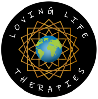 A black circle with the words loving life therapies in it.
