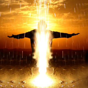 A man standing in the rain with arms outstretched.